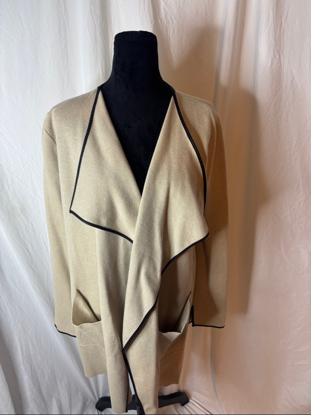 Zara Beige Open Front Draped Jacket with Black Trim